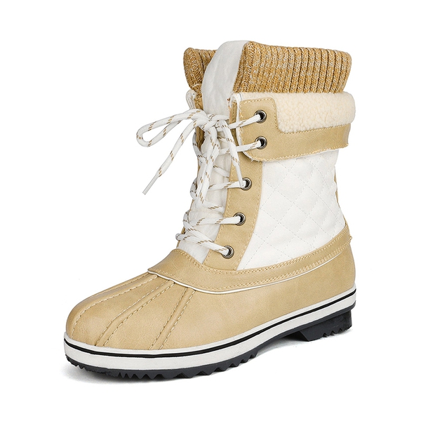 Mid Calf Lace Up Snow Boots - BEIGE WHITE -  0